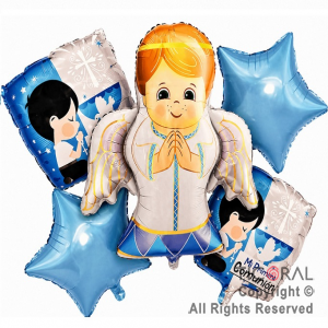 SET DE GLOBOS METALIZADO COMUNION ANGEL CELESTE 5 UNIDADES